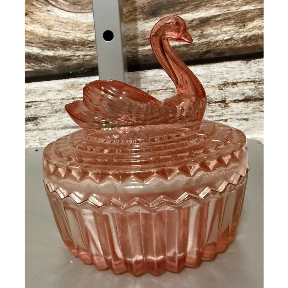 Vintage Jeanette Amberina Glass Powder Dish w/Swan Lipstick Holder Lid